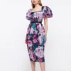 Coast Printed Puff Sleeve Textured Organza Midi Dress