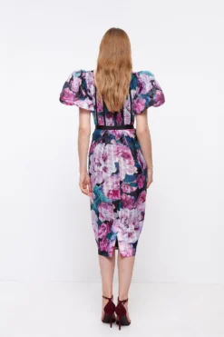 Coast Printed Puff Sleeve Textured Organza Midi Dress -Coast Sales Store bcc04414 pink xl 2