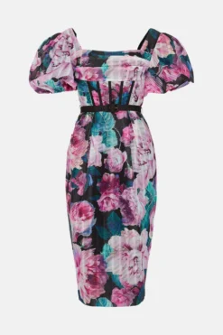 Coast Printed Puff Sleeve Textured Organza Midi Dress -Coast Sales Store bcc04414 pink xl 3