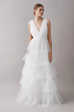 Coast V Neck Tiered Tie Waist Tulle Dress