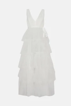 Coast V Neck Tiered Tie Waist Tulle Dress -Coast Sales Store bcc04448 ivory xl 3