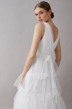 Coast V Neck Tiered Tie Waist Tulle Dress -Coast Sales Store bcc04448 ivory xl 4