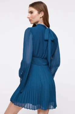 Coast Pleated Flare Sleeve Tie Neck Mini Dress -Coast Sales Store bcc04576 teal xl 2