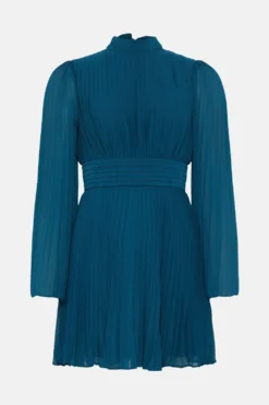 Coast Pleated Flare Sleeve Tie Neck Mini Dress -Coast Sales Store bcc04576 teal xl 3