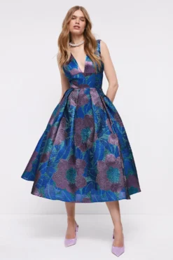 Coast Plunge Neck Premium Jacquard Midi Dress