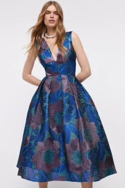 Coast Plunge Neck Premium Jacquard Midi Dress -Coast Sales Store bcc04605 multi xl 2