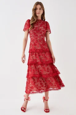 Coast Tiered Lace Dress With Flutter Sleeve & Trims