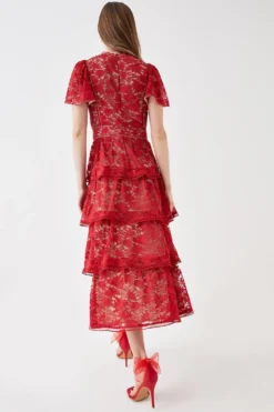 Coast Tiered Lace Dress With Flutter Sleeve & Trims -Coast Sales Store bcc04839 red xl 2