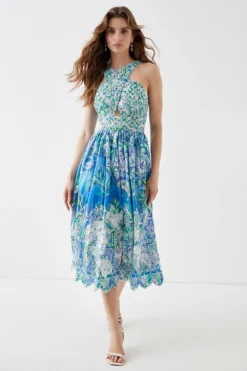Coast Alexandra Farmer Cross Front Broderie Midi Dress