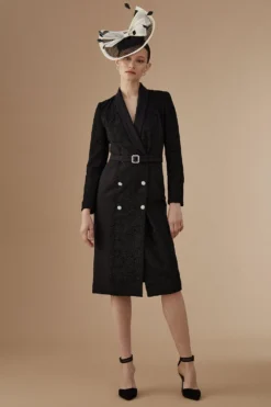 Coast Lisa Tan Premium Lace Tuxedo Dress With Gem Buttons