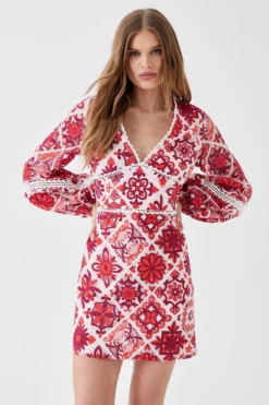 Coast Long Sleeve Tile Lace Waist Panel Mini Dress