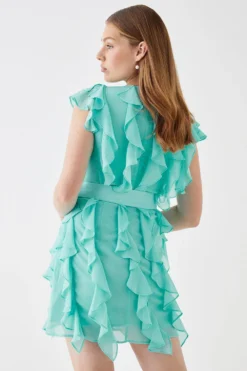 Coast Ruffle Chiffon Belted Mini Dress -Coast Sales Store bcc05043 turquoise xl 2