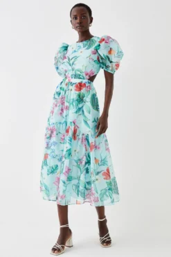 Coast Floral Organza Puff Sleeve Midaxi Dress