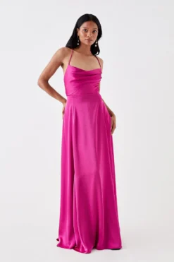 Coast Petite Cowl Neck Satin Maxi Prom Dress With Strappy Back