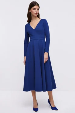 Coast Ponte V Neck Full Skirt Midi Dress