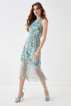 Coast Alexandra Farmer Hand Embellished Midi Dress With Ombre Frin -Coast Sales Store bcc05158 aqua xl 2