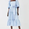 Coast Puff Sleeve Belted Cotton Tiered Midi Dress