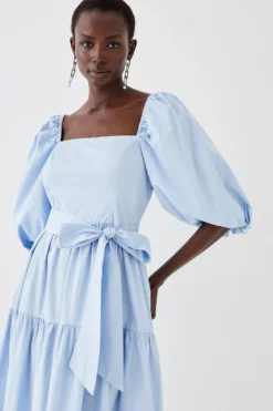 Coast Puff Sleeve Belted Cotton Tiered Midi Dress -Coast Sales Store bcc05171 light20blue xl 2
