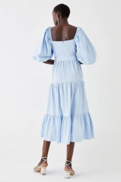 Coast Puff Sleeve Belted Cotton Tiered Midi Dress -Coast Sales Store bcc05171 light20blue xl 3