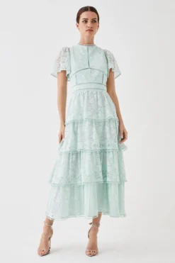 Coast Petite Tiered Lace Dress With Flutter Sleeve & Trims