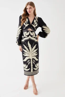 Coast Linen Twist Front Applique Embroidered Midi Dress