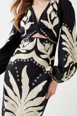 Coast Linen Twist Front Applique Embroidered Midi Dress -Coast Sales Store bcc05267 black xl 2