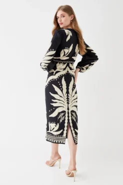 Coast Linen Twist Front Applique Embroidered Midi Dress -Coast Sales Store bcc05267 black xl 3