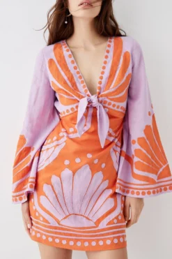 Coast Linen Tie Front Applique Embroidered Mini Dress -Coast Sales Store bcc05268 orange xl 2