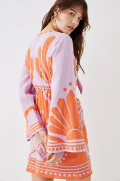 Coast Linen Tie Front Applique Embroidered Mini Dress -Coast Sales Store bcc05268 orange xl 3