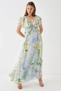 Coast Ruffle Detail Metallic Maxi Dress