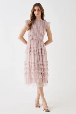 Coast Tulle Micro Ruffle Frill Neck Midi Dress