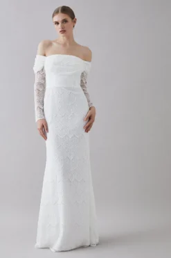 Coast Eyelash Lace Bardot Long Sleeve Dress