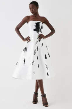 Coast Bandeau Twill Midi Dress With 3d Floral Applique