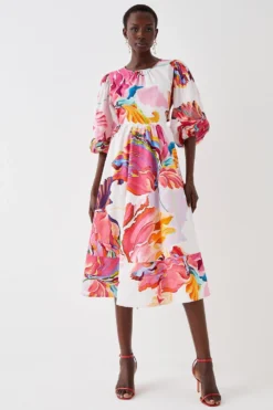 Coast Cotton Printed Puff Sleeve Open Back Midi Dress