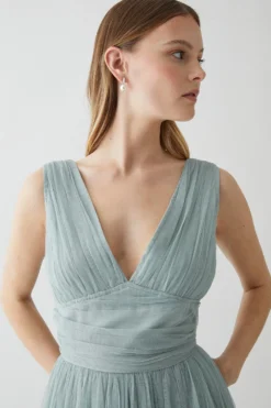 Coast V Neck Pleated Waistband Mesh Bridesmaids Dress -Coast Sales Store bcc05431 sage xl 1