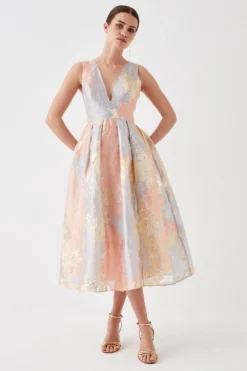 Coast Petite Plunge Neck Metallic Jacquard Midi Dress