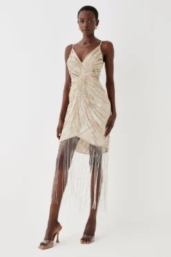 Coast Twist Front Hand Embellished Fringe Cami Dress -Coast Sales Store bcc05516 champagne xl 2