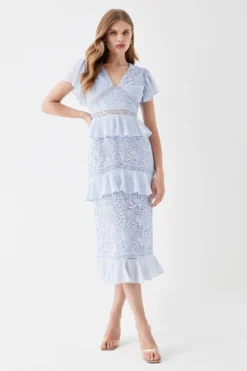 Coast Tiered Lace Pencil Dress With Pleat Tiers