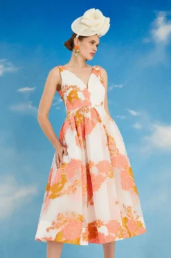 Coast Lisa Tan Plunge Neck Jacquard Dress -Coast Sales Store bcc05529 coral xl 3