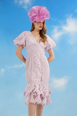 Coast Lisa Tan Puff Sleeve Lace Pencil Dress