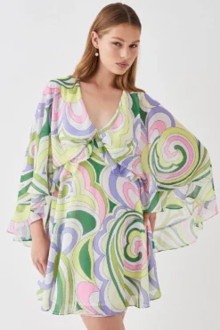 Coast Printed Cape Sleeve Frill Mini Dress