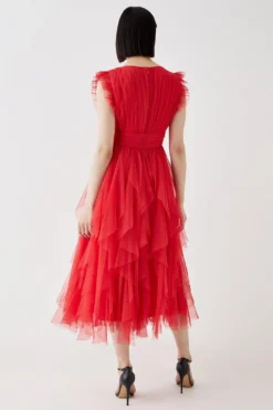 Coast Ruffled Skirt Mesh Midi Dress -Coast Sales Store bcc05550 red xl 3