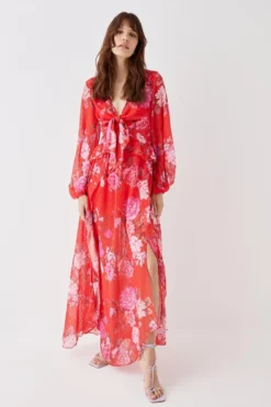 Coast Tie Front Textured Maxi Dress -Coast Sales Store bcc05564 red xl 2