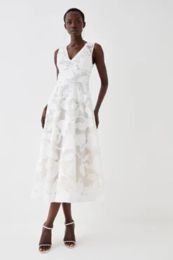 Coast V Neck Floral Jacquard Midi Dress