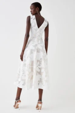 Coast V Neck Floral Jacquard Midi Dress -Coast Sales Store bcc05590 white xl 3