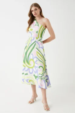 Coast One Shoulder Printed Drape Front Flowing Skirt Midi Dress