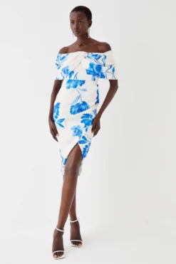 Coast Petite Satin Jacquard Bardot Pencil Dress