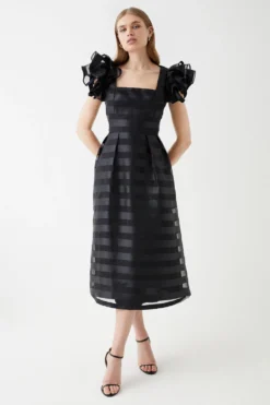 Coast Frill Shoulder Stripe Organza Midi Dress