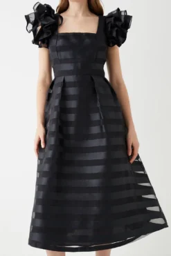 Coast Frill Shoulder Stripe Organza Midi Dress -Coast Sales Store bcc05705 black xl 3
