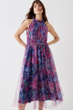 Coast Printed Mesh Frill Neck Midi Dress